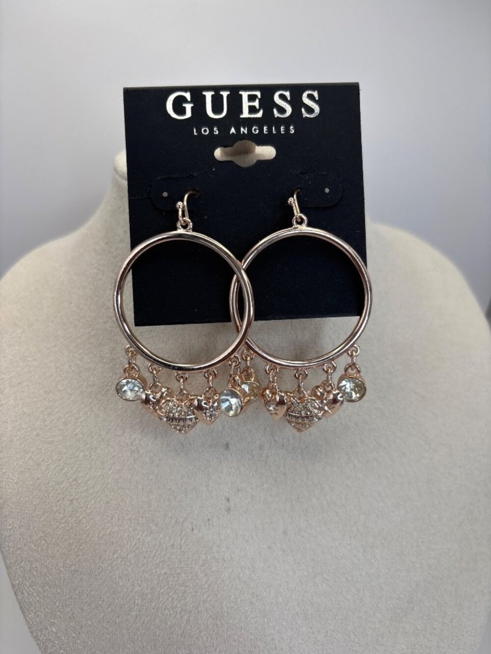 Guess Gold Tone Rhinestone Dangle Charms Hoop Earrings NEW
